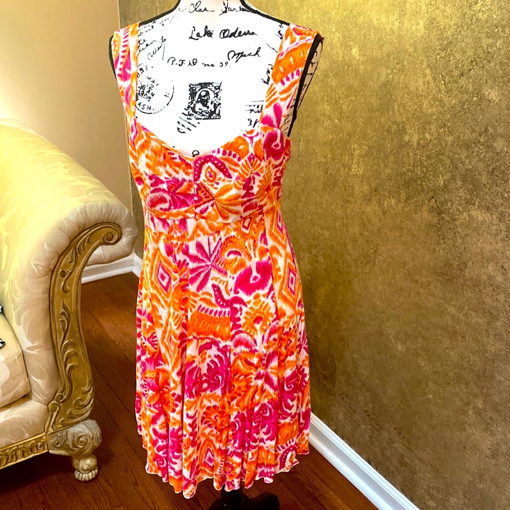 Flirty bright summer dress by Peppermint Bay L slightly asymmetrical hemline